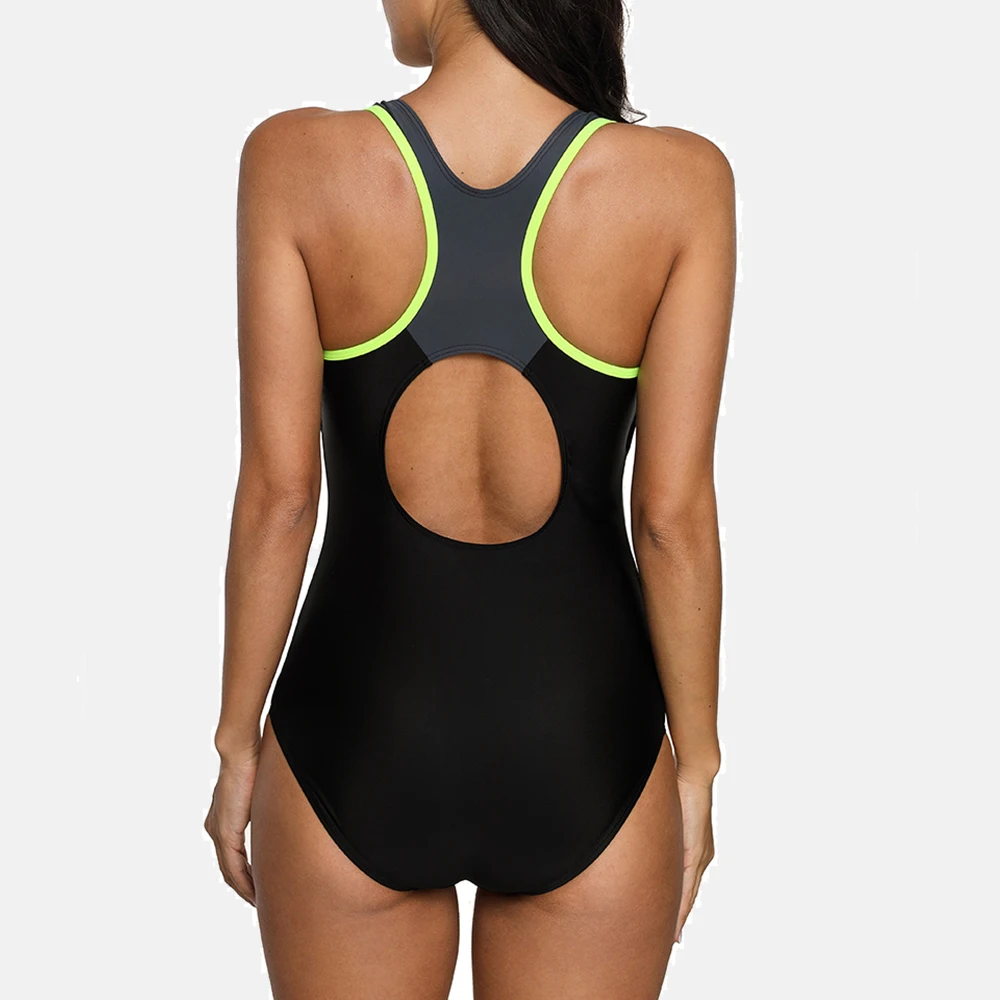 Anfilia One Piece Women Sports Swimsuit Athlete Swimwear Colorblock Patchwork Backless Beach Wear Bathing Suit