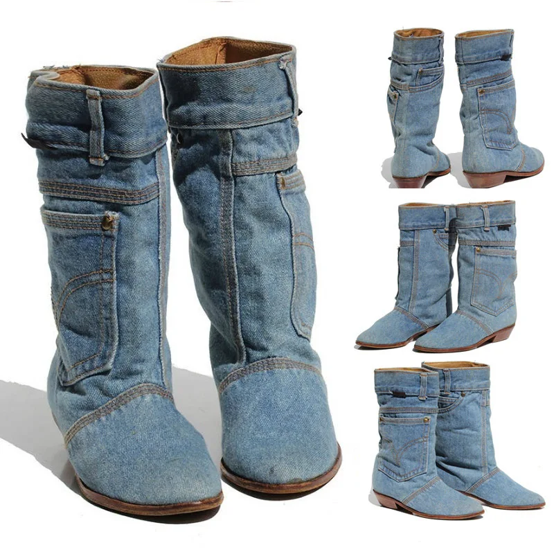 Low Heel Casual Boots Ladies Jeans Leather Fashion New Mid Calf Boots Women Shoes Pointed Toe Cowboy Big Size