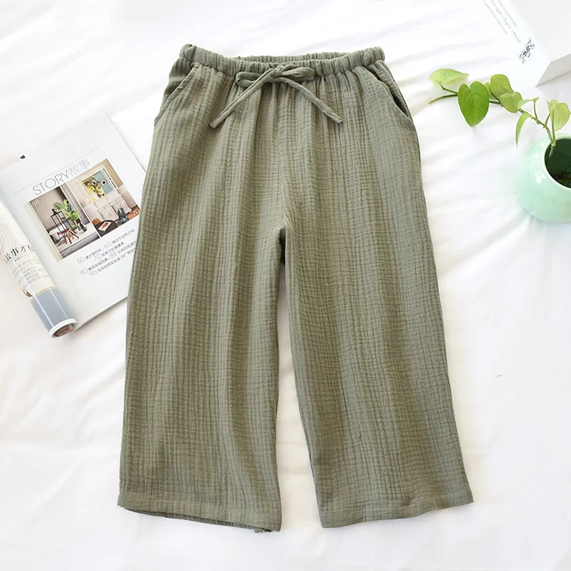 Men\'s Pajama Trousers Summer Cropped Pants Cotton Crepe Solid Color Plus Size Pajama Pants Mens See Through Sleepwear