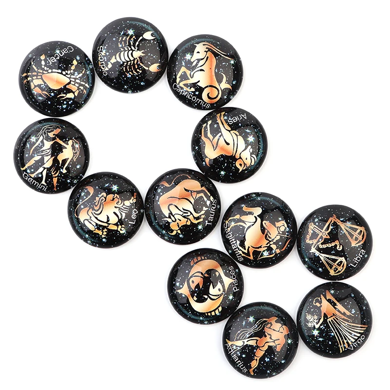 10pcs Twelve Constellations English Notes Pattern 10/12/14/18/20/25mm Round Dark Glass Cabochon For DIY Jewelry Making Necklace