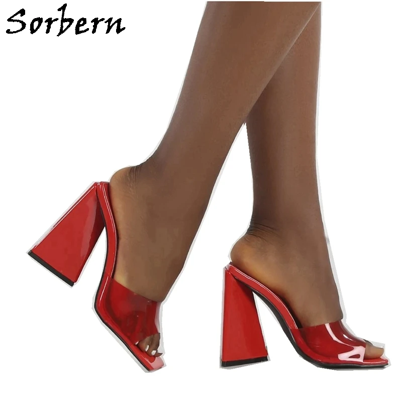 Sorbern Square Toe Slippers Women Block Heels Open Toe Pyramid Perspex Heeled Mule Slip On Slides Female Shoes Multi Colors