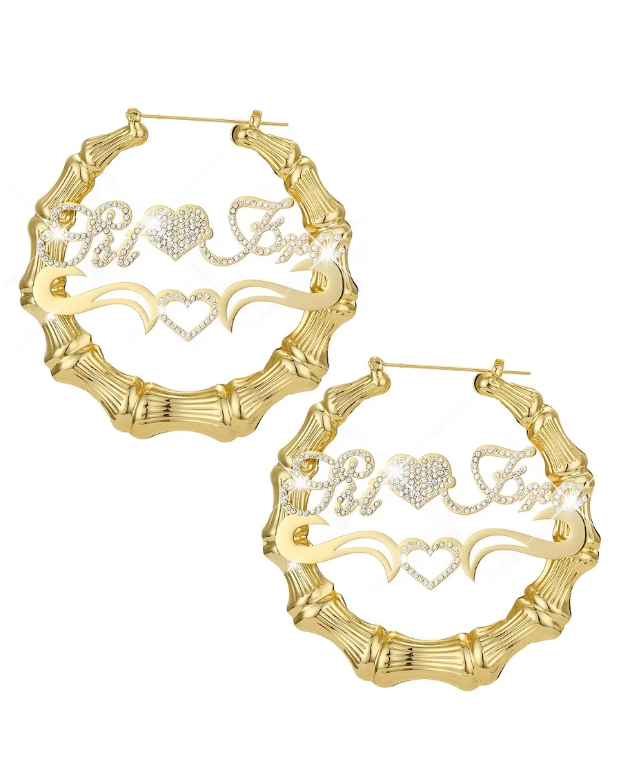 Customized Name Earrings With Diamond Heart Name Hoop Earring Personalised Letter Stainless Steel Circle Bling Name Earrings