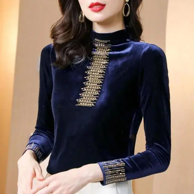 

Diamond Gold Velvet T-shirt Blouse Women's Autumn Winter Velvet Semi-high Collar Long Sleeve Bottoming Shirt Loose Warm Blouse