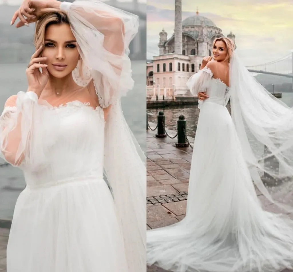 Lsyx Customized Long Sleeve Off Shoulder A-line Sweep Train Puff Sleeve Sweetheart Robe De Mariee White  Lady Backless Graceful