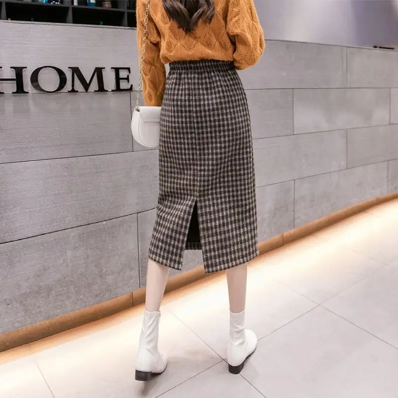 Houndstooth Children Autumn and Winter below the Knee Straight Split Woman Skirts Faldas Jupe