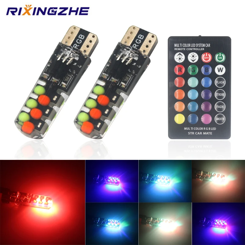 RXZ T10 RGB W5W LED RGB COB 194 168 Kolorowe wielomodowe automatyczne żarówki boczne z pilotem Z pilotem