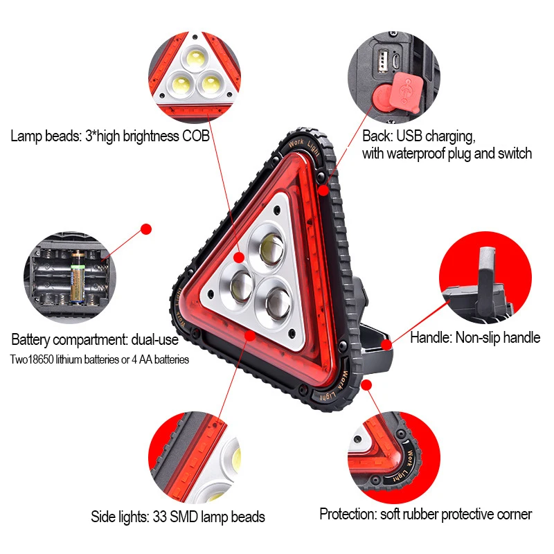 COB Glare Floodlight Car Triangle Warning Emergency Light USB Rechargeable Floodlight LED Bulbs CE