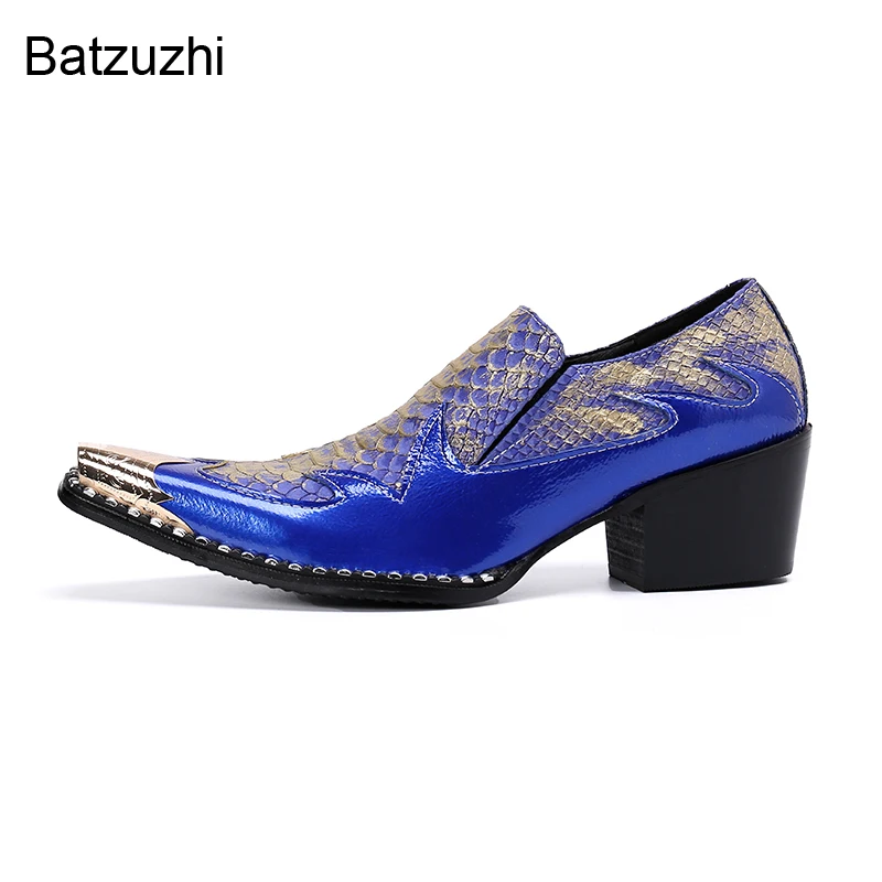 

Batzuzhi New Design Men's Shoes Iron Pointed Toe Leather Dress Shoes Men Blue Business, Party, Wedding Shoes for Men Sapato