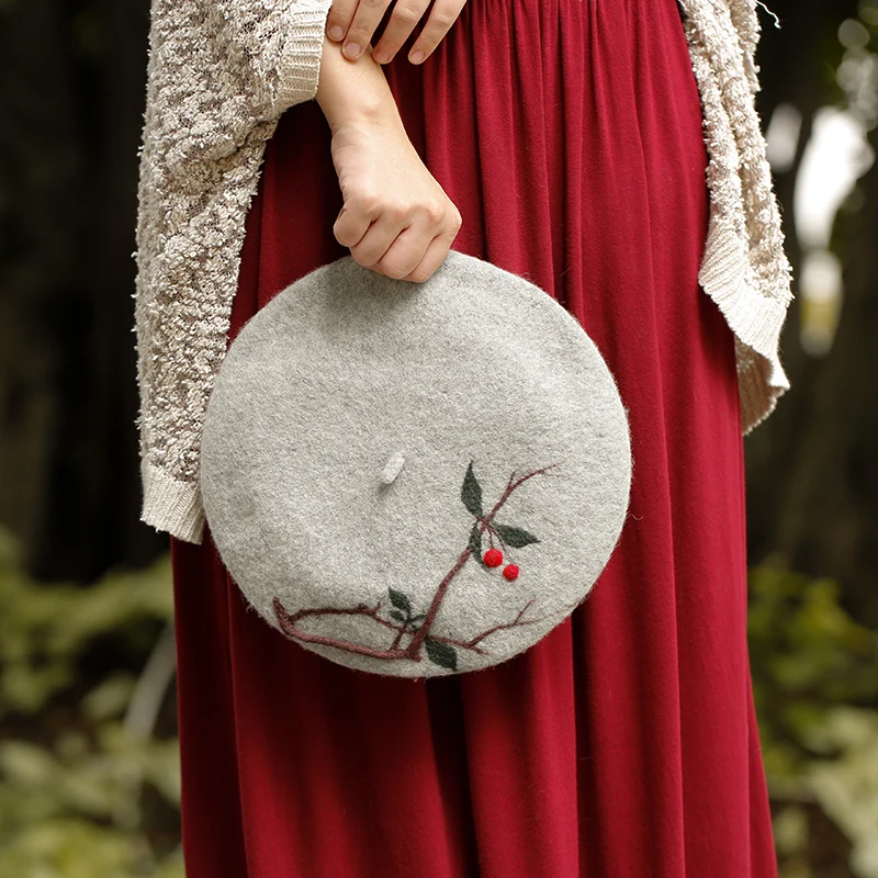 faramita holiday 2021 forest Berry branches women painter hats vintage 3D berets 100% wool handmade beret kids child hat caps