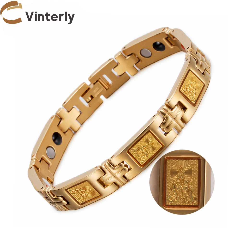 Vinterly Lucky Magnetic Bracelet Men Wrist Band Gold-color Foil Guanyin Bodhisattva Buddha Germanium Jewelry for Women Male