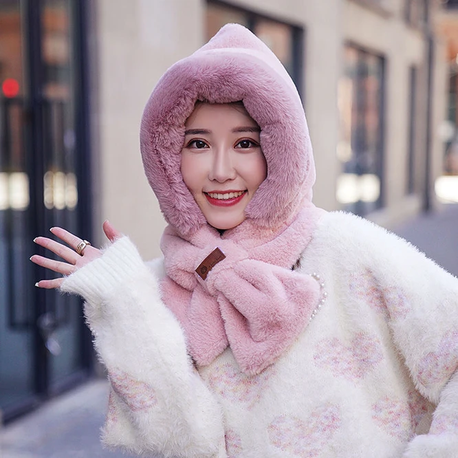 Hat Scarf One Female Winter Plush Thickened Cold Proof Warm Windproof Plush Scarf Ear Protection Girl Outdoor  Protection Beige