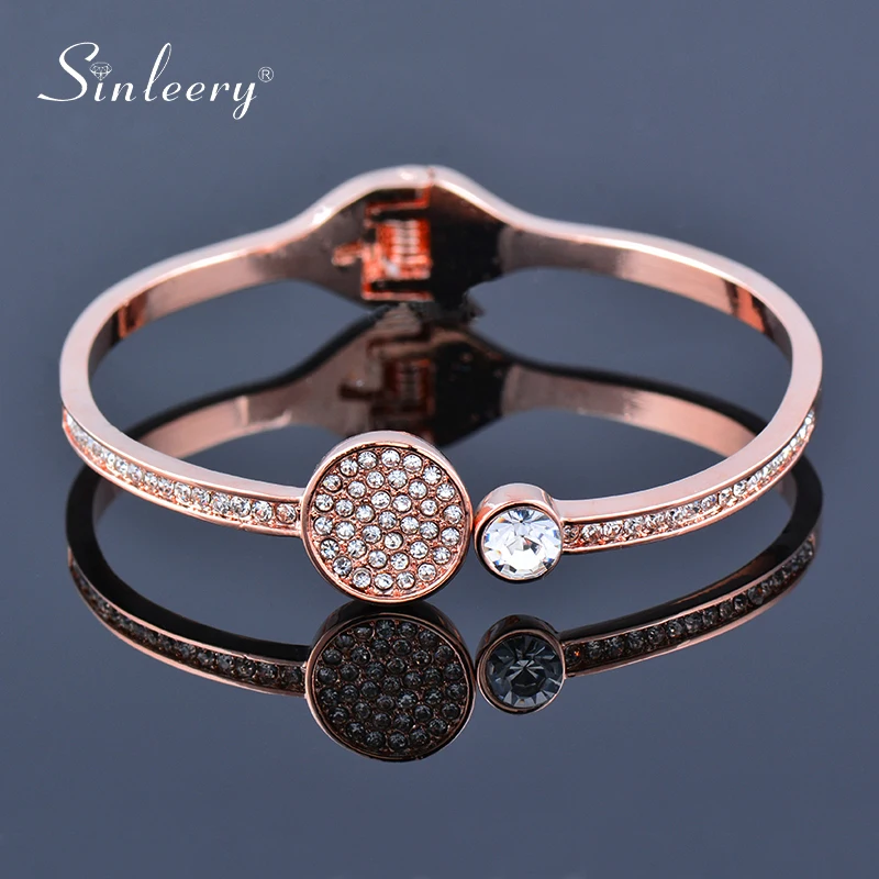 SINLEERY Fashion Crystal Round Cuff Open Bangle Rose Gold Silver Color Wedding Bracelets Women Fashion Jewelry