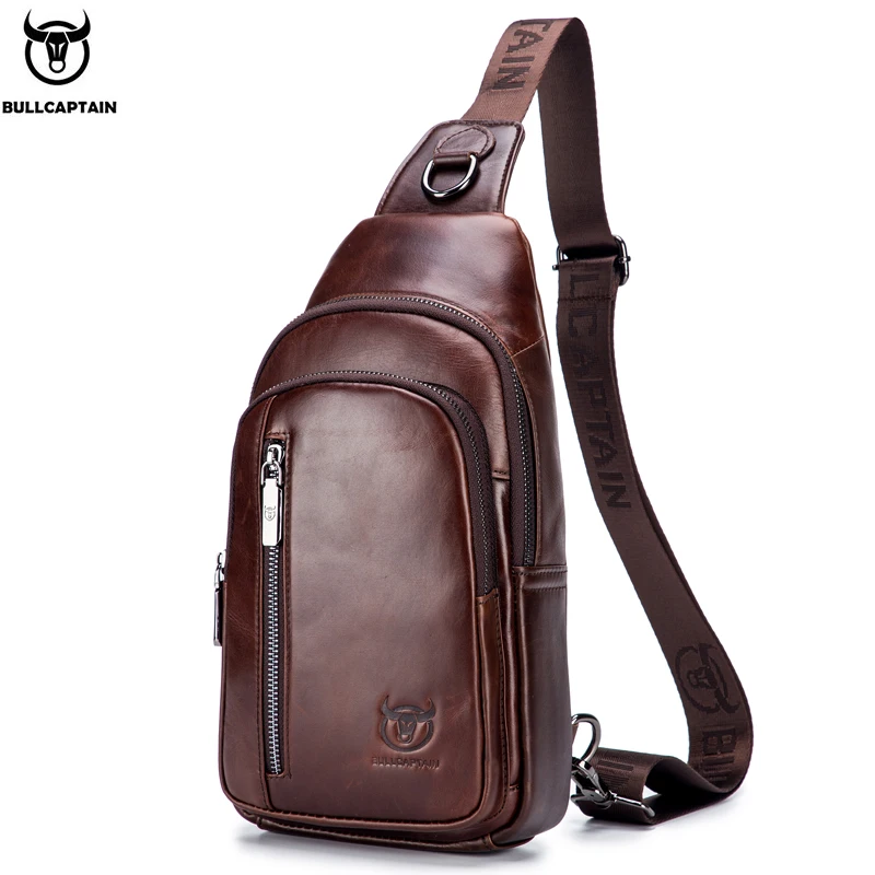 BULLCAPTAIN Couro Genuíno Saco Peito dos homens Moda Lazer Multifuncional Crossbody Bag Música Saco Peito dos homens Saco Peito