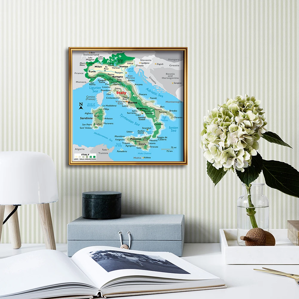 60*60Cm The Italy Terrain Map Modern Kanvas Lukisan Dinding Art Poster Kelas Dekorasi Rumah Perlengkapan Sekolah Anak-anak