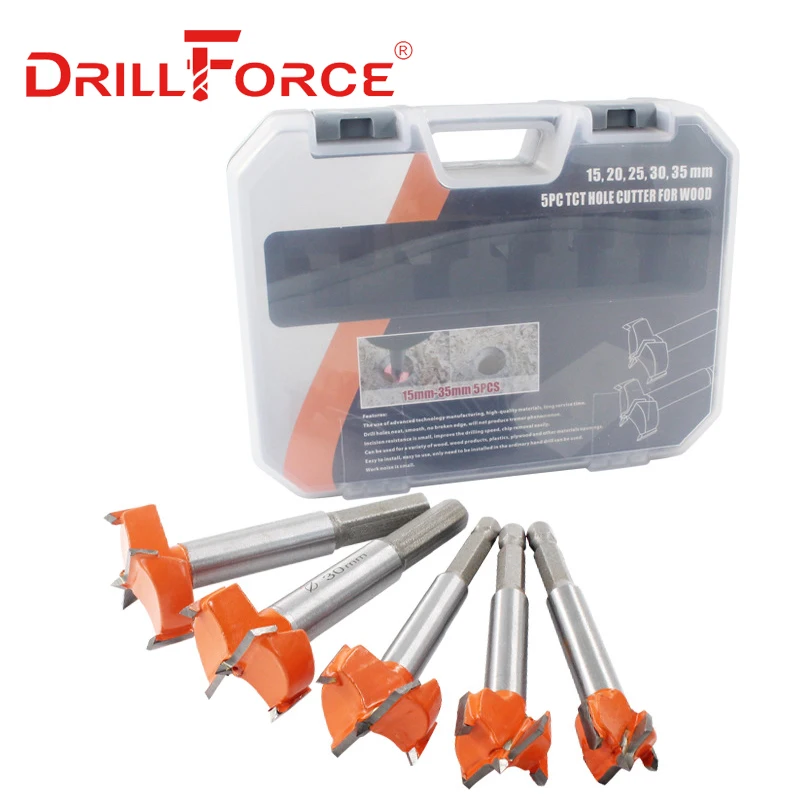 

Drillforce 5PCS 15-35mm Woodworking Drill Bits Set Hole Saw Opener Forstner Carbide Tip Cutter Tool 15mm/20mm/25mm/30mm/35mm