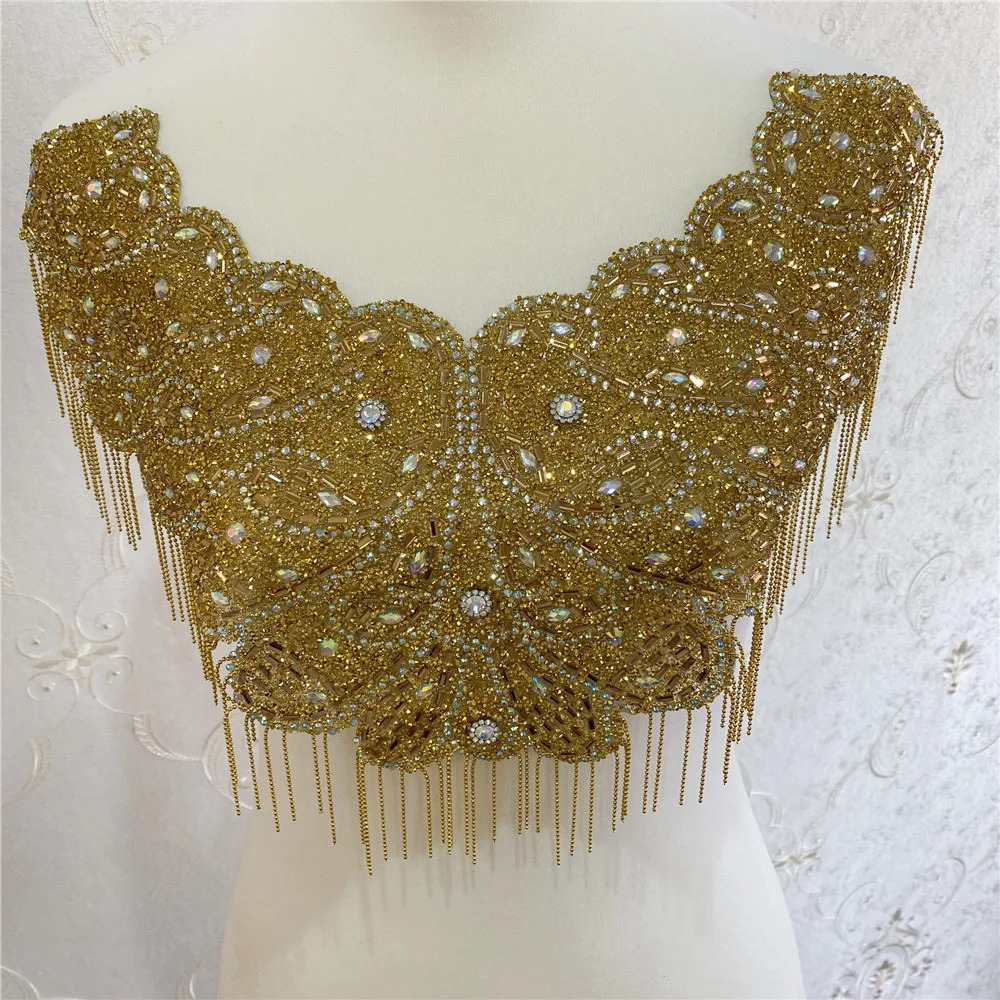 New Gold one side iron on wedding embroidered crystal rhinestone collar necklace appliques with fringe