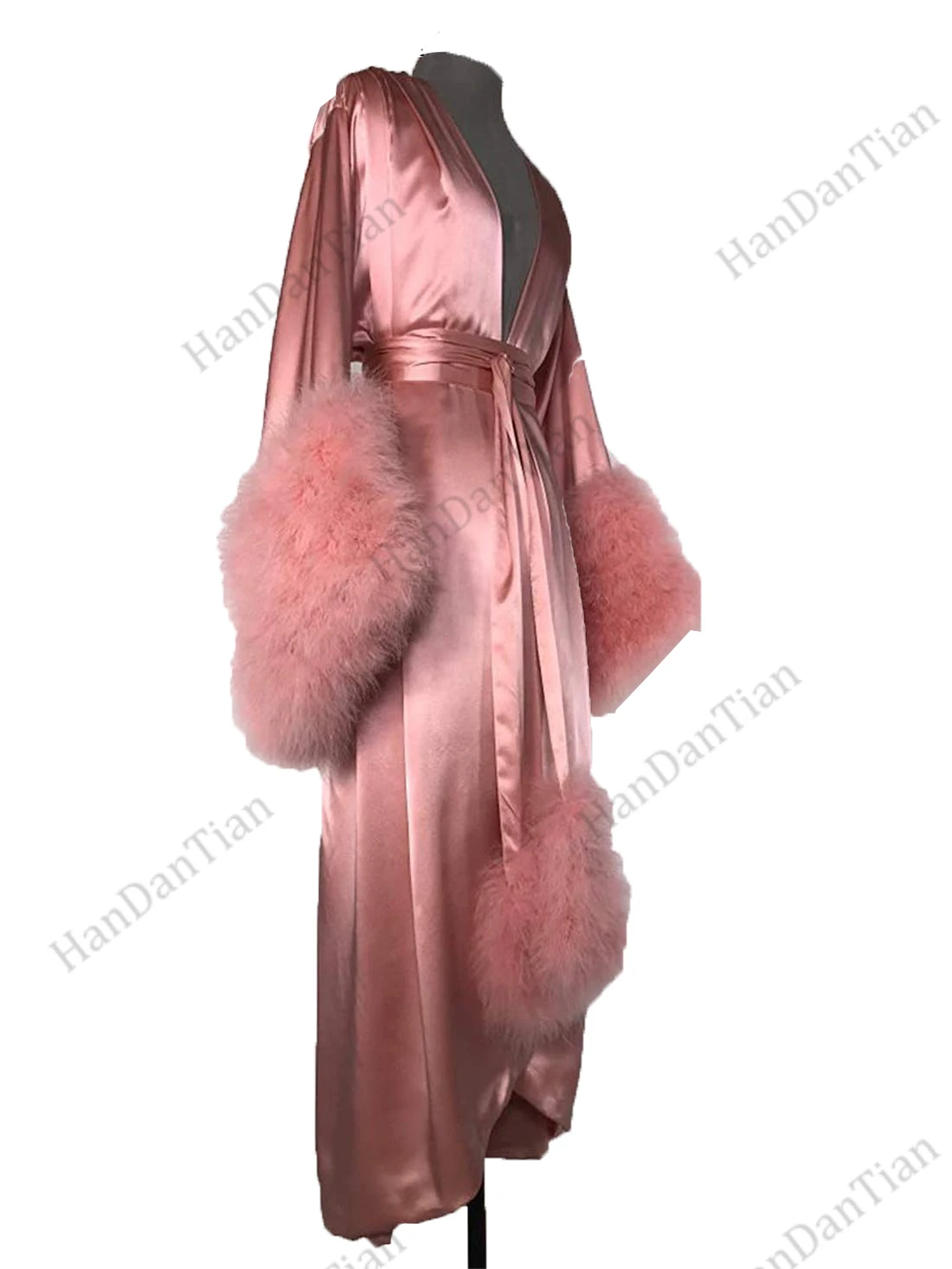 Frauen Robe Pelz Nachthemd Bademantel Nachtwäsche Feder Braut Robe mit Gürtel
