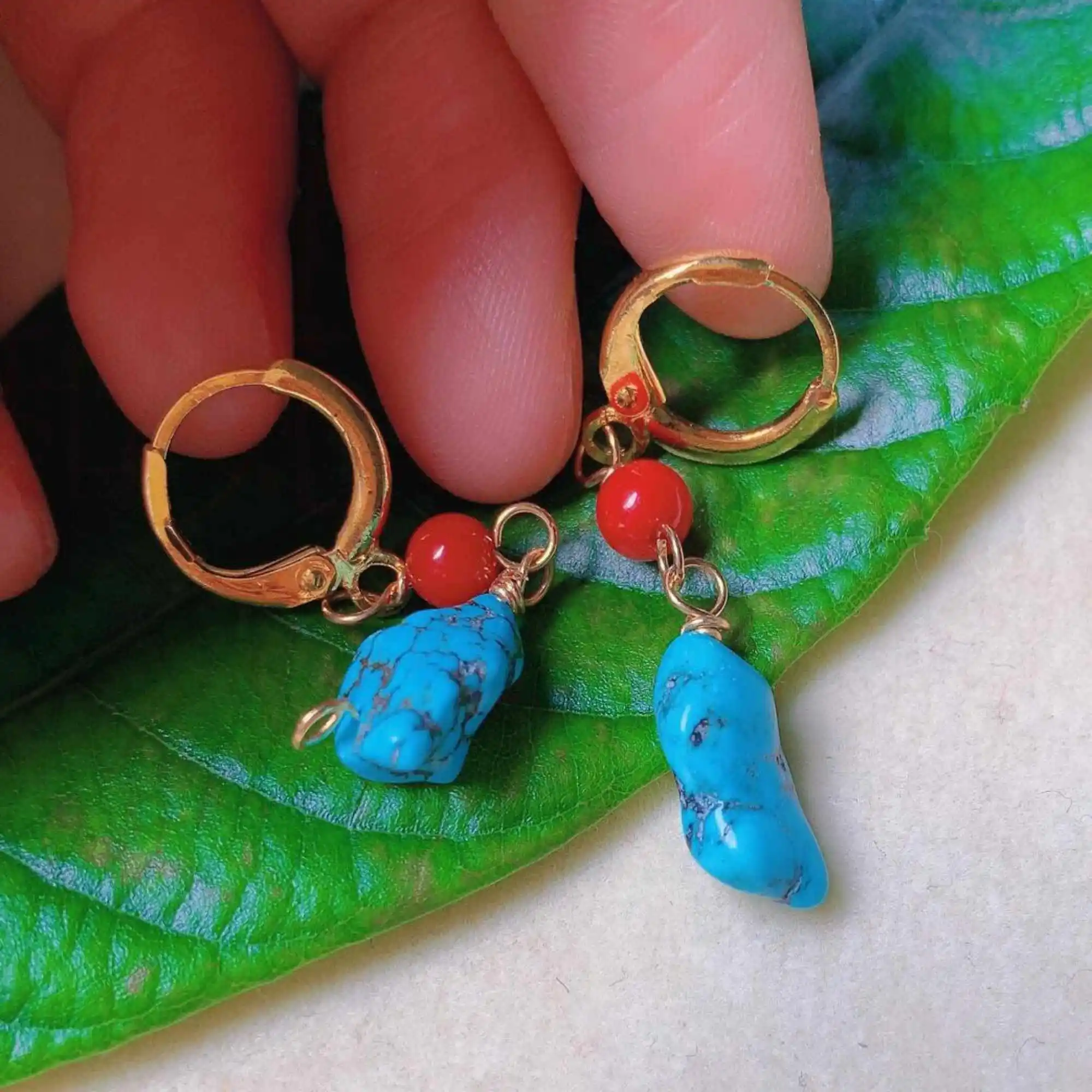 Natural Blue Turquoise red beads eardrop 18k gold Earrings Party Fashion Gift Hook Christmas Diy