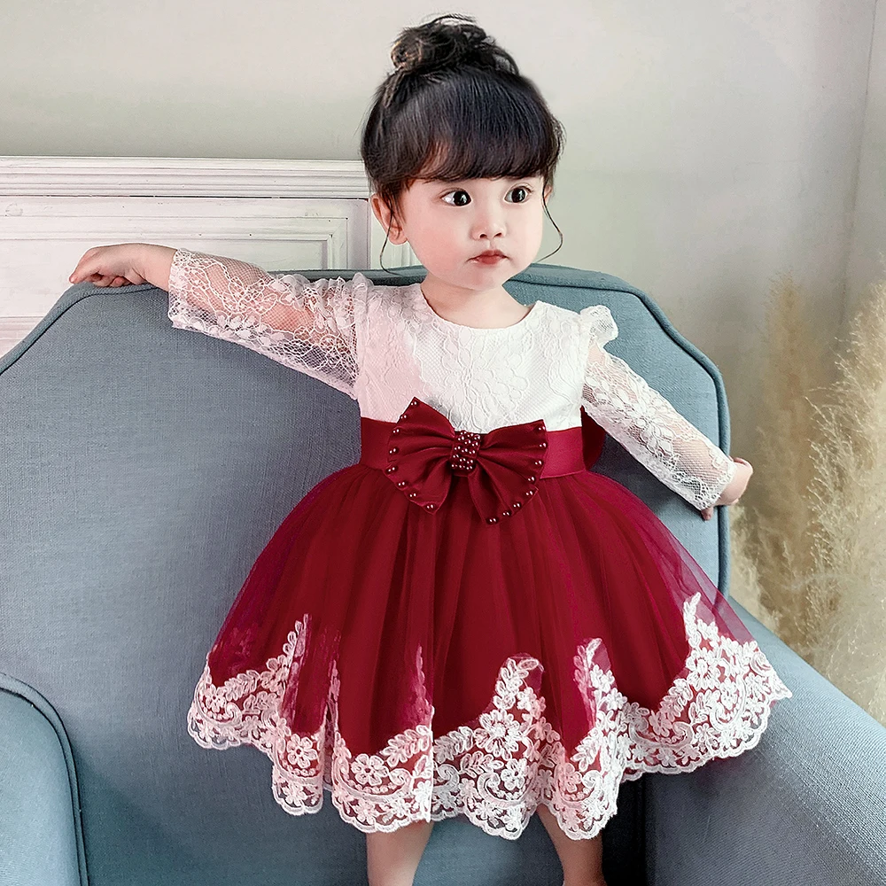 PLBBFZ Long Sleeve Bowknot Dress Newborn 1 Year Baptism Birthday Evening Baby Children\'s Dresses Party Wedding Kids Clothes