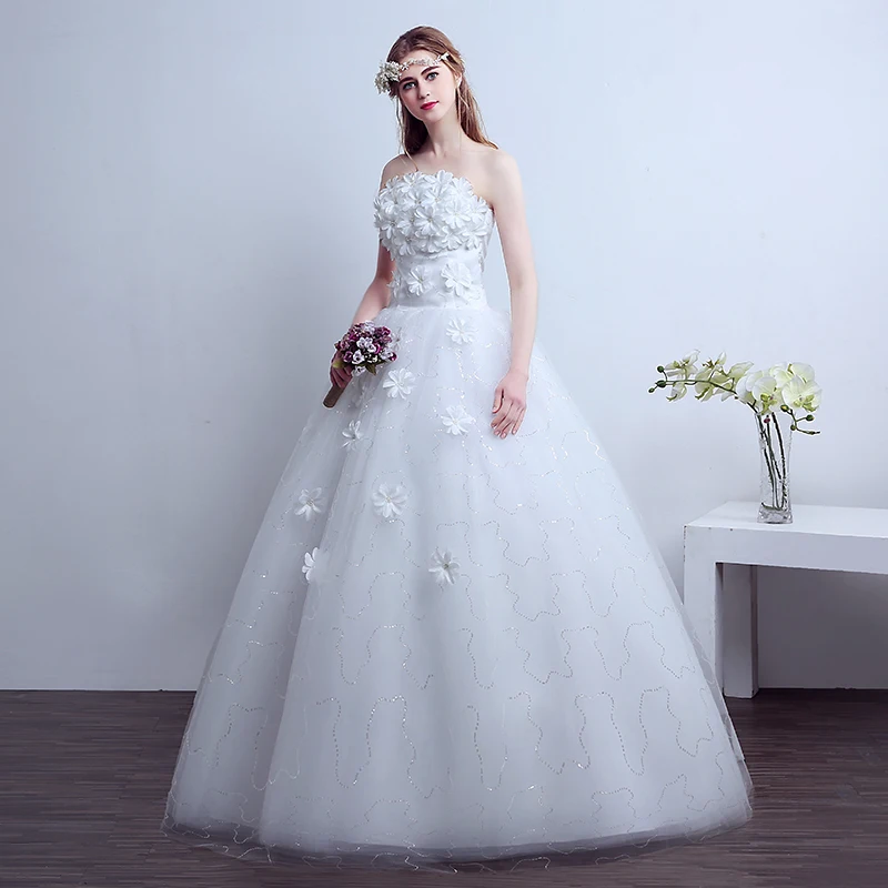 AnXin SH red little flower lace sparkly princess flower strapless sleeveless white ball gown bride customized wedding dress