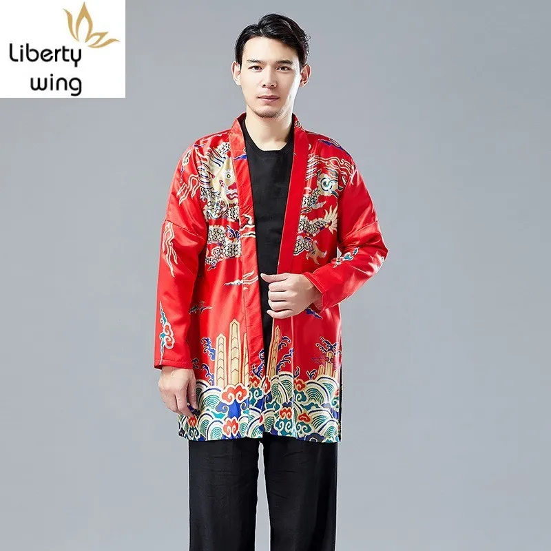 Men Chinese Style Casual Trench Coats 2020 Spring Printing Dragon Vintage Loose Fit Male Jackets Fashion Outerwear High Quality