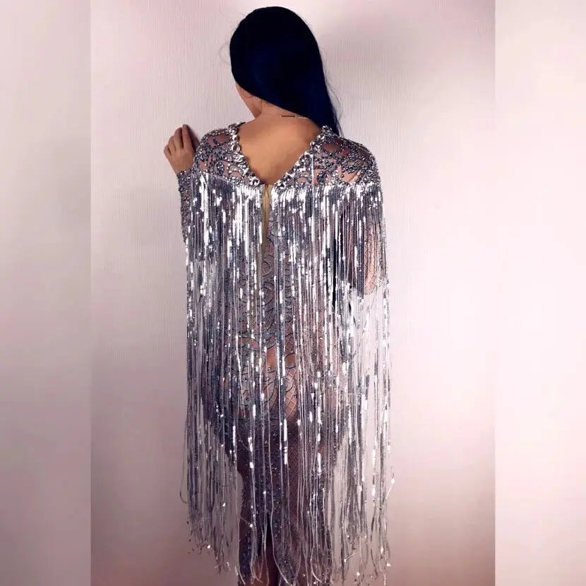 Luxury Evening Celebrate Model Catwalk Long Dress Sparkly Rhinestones Fringe Dresses Women Photograph Stage Performance Costume