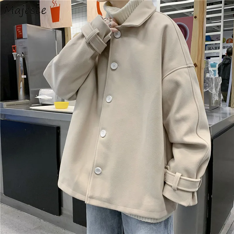 

Blends Men Single Breasted Long Sleeve Turn-down Collar Autumn Winter Male Overcoats Korean Style Baggy Harajuku Chic Leisure