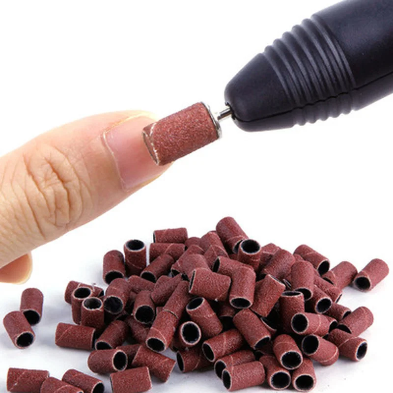 

100Pcs Sanding Cap Bands For Electric Manicure Machine 180/120/80 Grit Nail Drill Grinding Bit Files Pedicure Tool Set