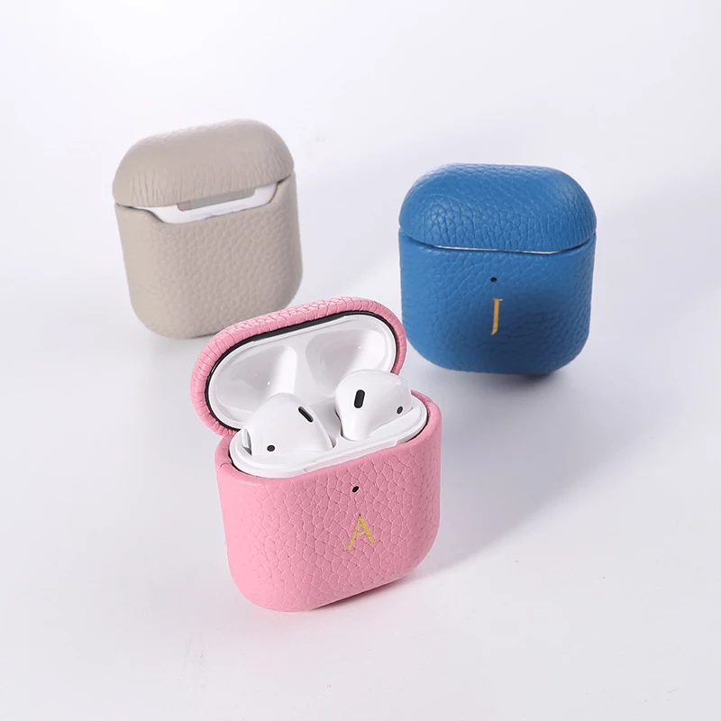 

Genuine Leather Gold Initial Name Wireless Earphone Case for iPhone Charging Box for AirPods 1 2 Pro Shockproof Back Coque