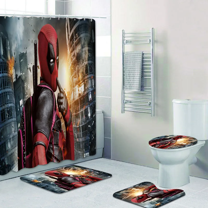 Novelty Deadpool with Water Squirter Bath Curtains for Bathroom Shower Curtain Funny Comic Hero Kid Bathtub Mats Rugs Home Decor