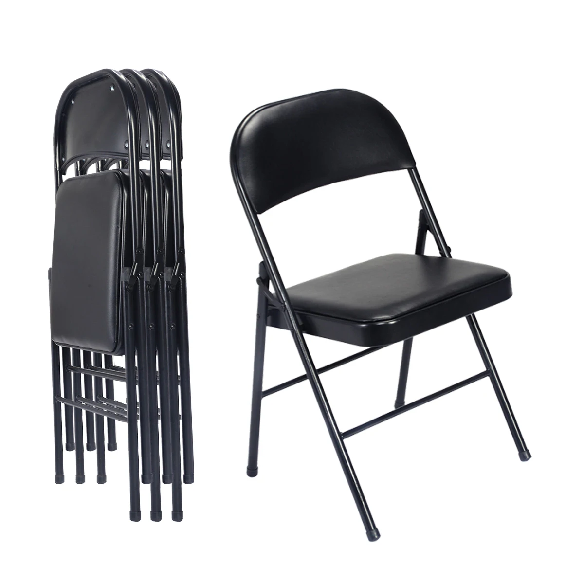 4pcs Elegant Foldable Iron & PVC Chairs for Convention & Exhibition Black Synthetic Leather