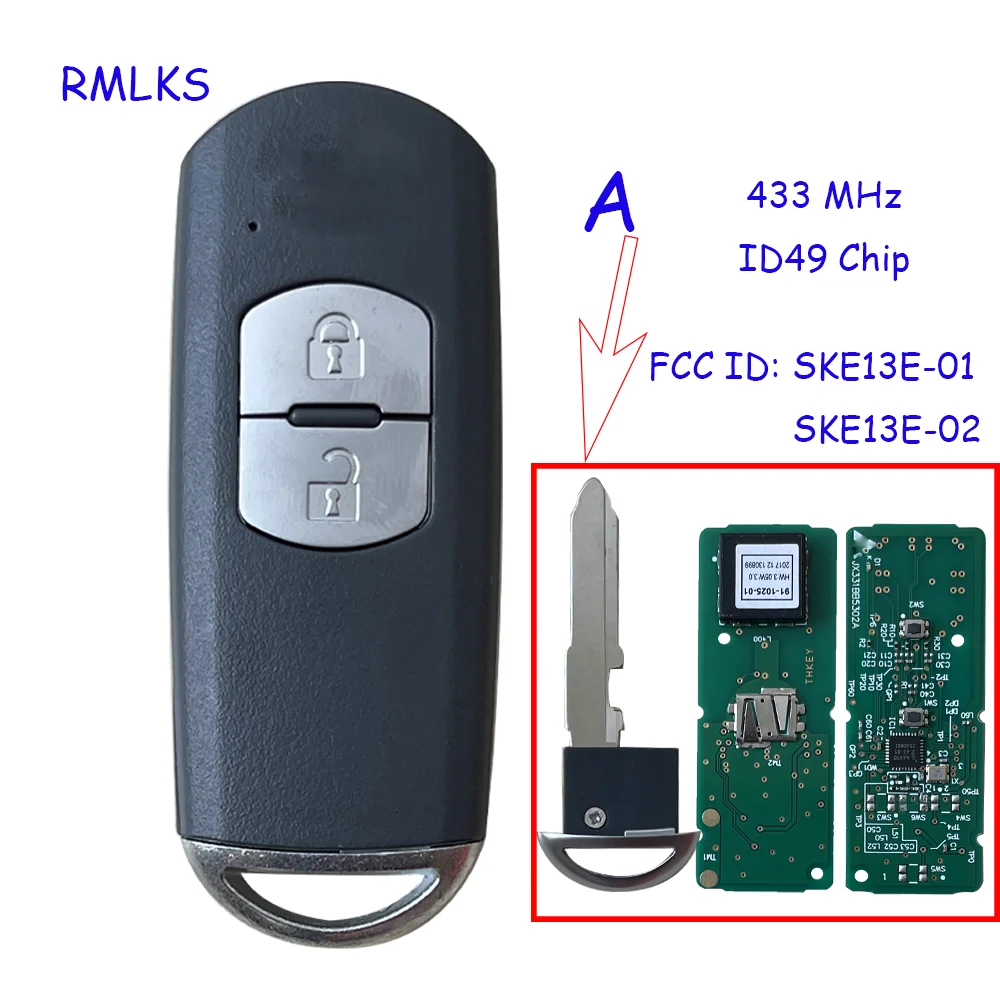 433Mhz ID49 2/3 pulsanti Smart Key adatto per MAZDA CX-3 Axela CX-5 Atenza modello SKE13E-01 SKE13E-02 telecomando per auto