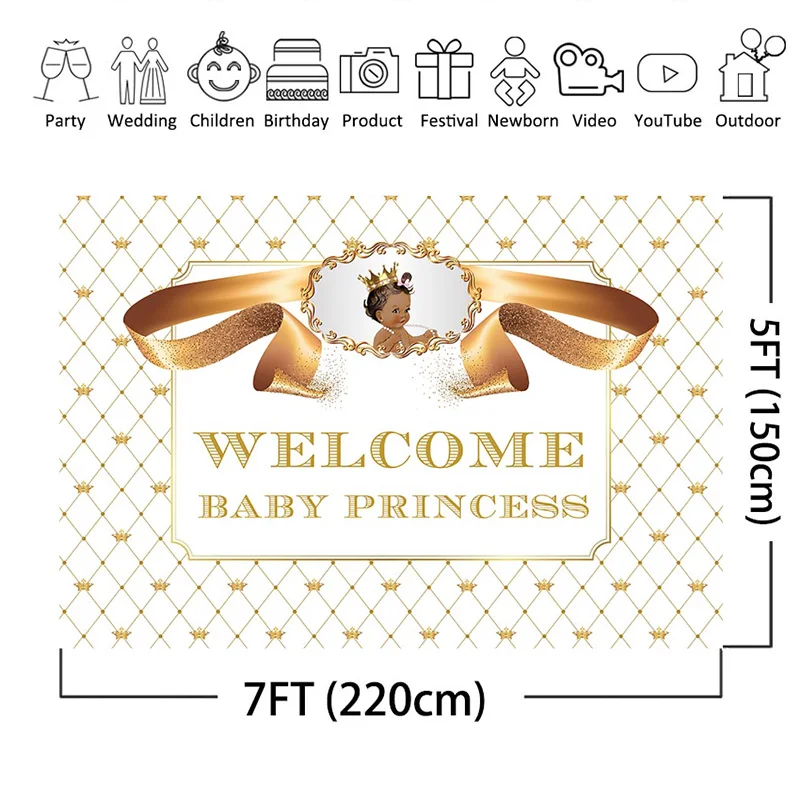 Mocsicka Baby Shower Backdrop Royal Girl Princess Gold Customized Banner Decoration Photography Backdrops Studio Shoots