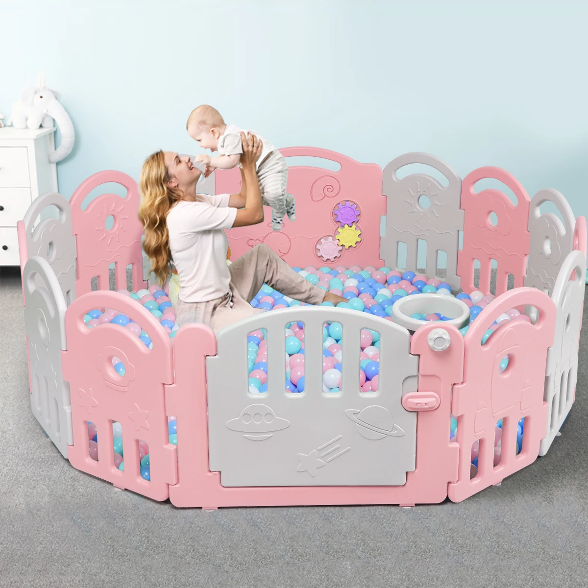 14-Panel Baby Playpen Kids Activity Center Playard w/Music Box & Basketball Hoop