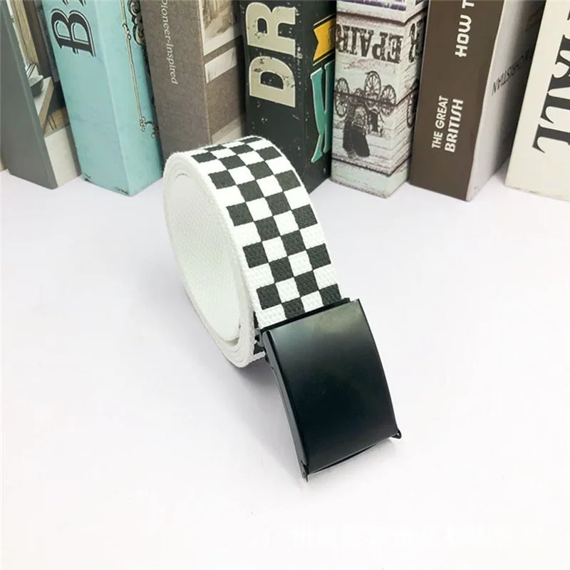 Fashion Punk Checkered Belt Waistband Long Black and White Plaid Checkerboard Couple Checkered Canvas Women New Belts