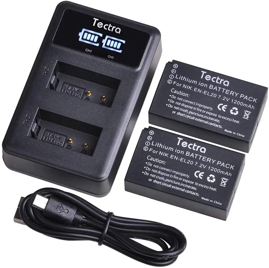 Tectra EN-EL20 EN-EL20A Battery and Dual Charger for Nikon Coolpix P1000,DL24-500, A,Nikon  1 J1, J2, J3, 1 S1, 1 V3,1 AW1