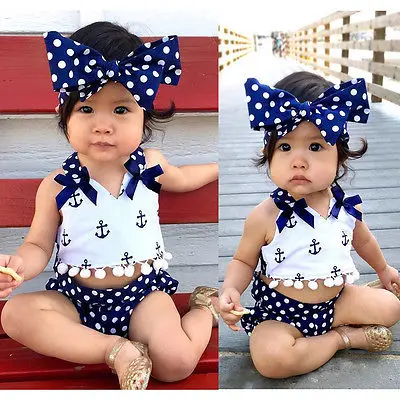 Cute 3Pcs Toddler Baby Girls Hanging Neck V-neck Print Short Top + Polka Dot Print Shorts Bow Head Summer Baby Clothes Set