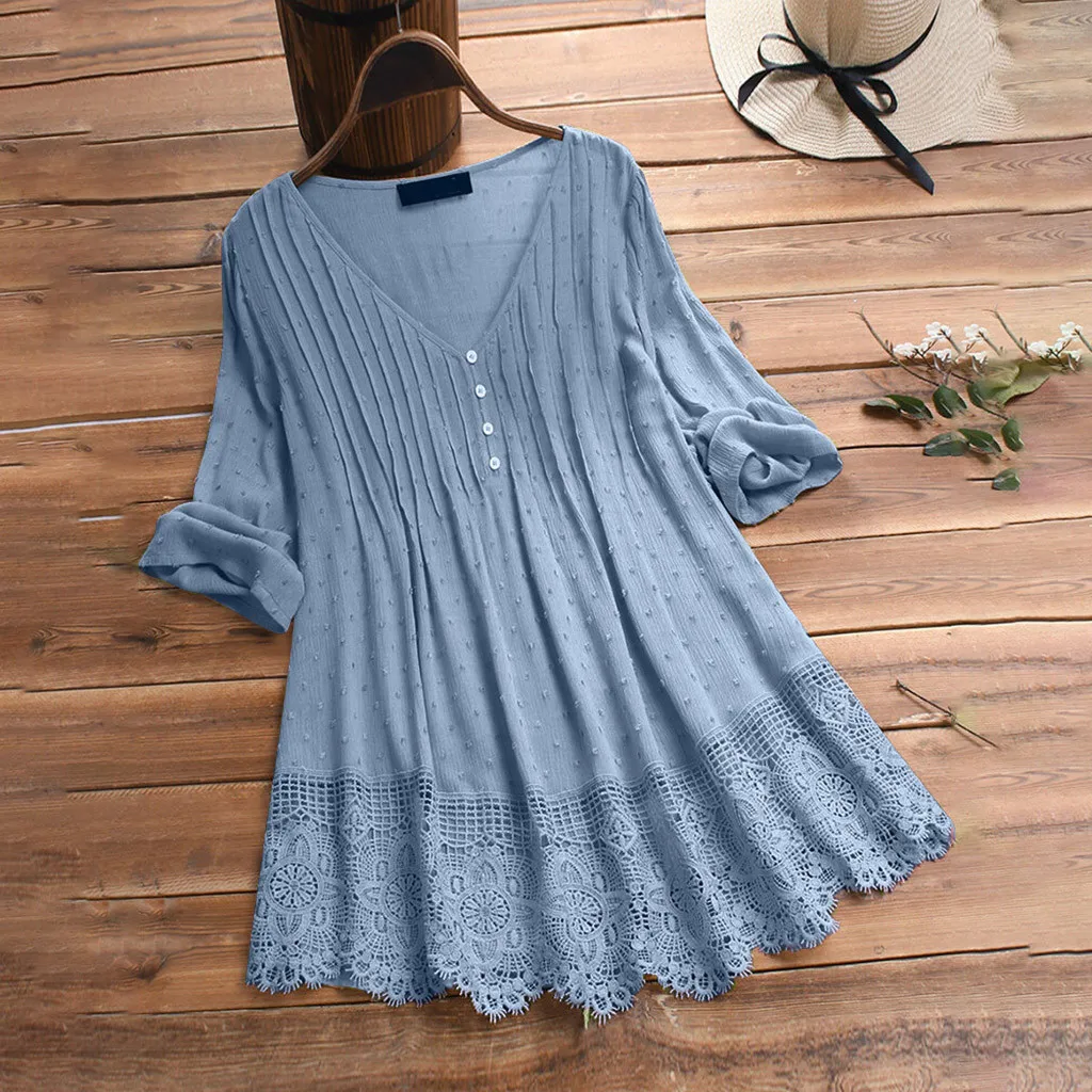 Blusa Vintage grande de manga larga Para Mujer, camisa de encaje con cuello en V y botones, Para trabajo de oficina, 2023