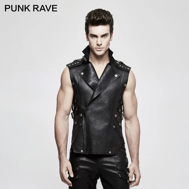 PUNK RAVE Punk Rock Cowboy Heavy Men Black Biker Military PU Leather Vest Latest Unusual Crisp Waistcoat Gothic Jackets Clothing