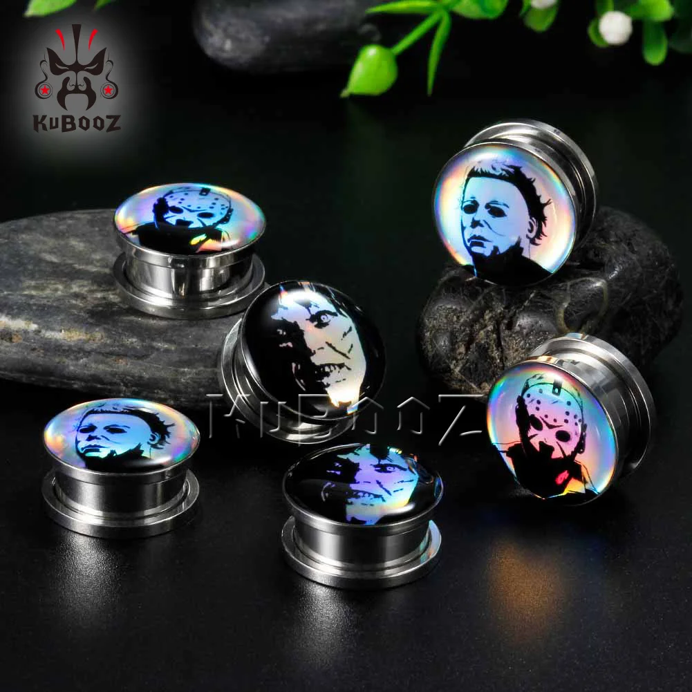 KUBOOZ Classical Character Picture Logo Ear Piercing Plugs Expanders Stainless Steel Stretchers Stud Body Jewelry Cool Gift 2PCS