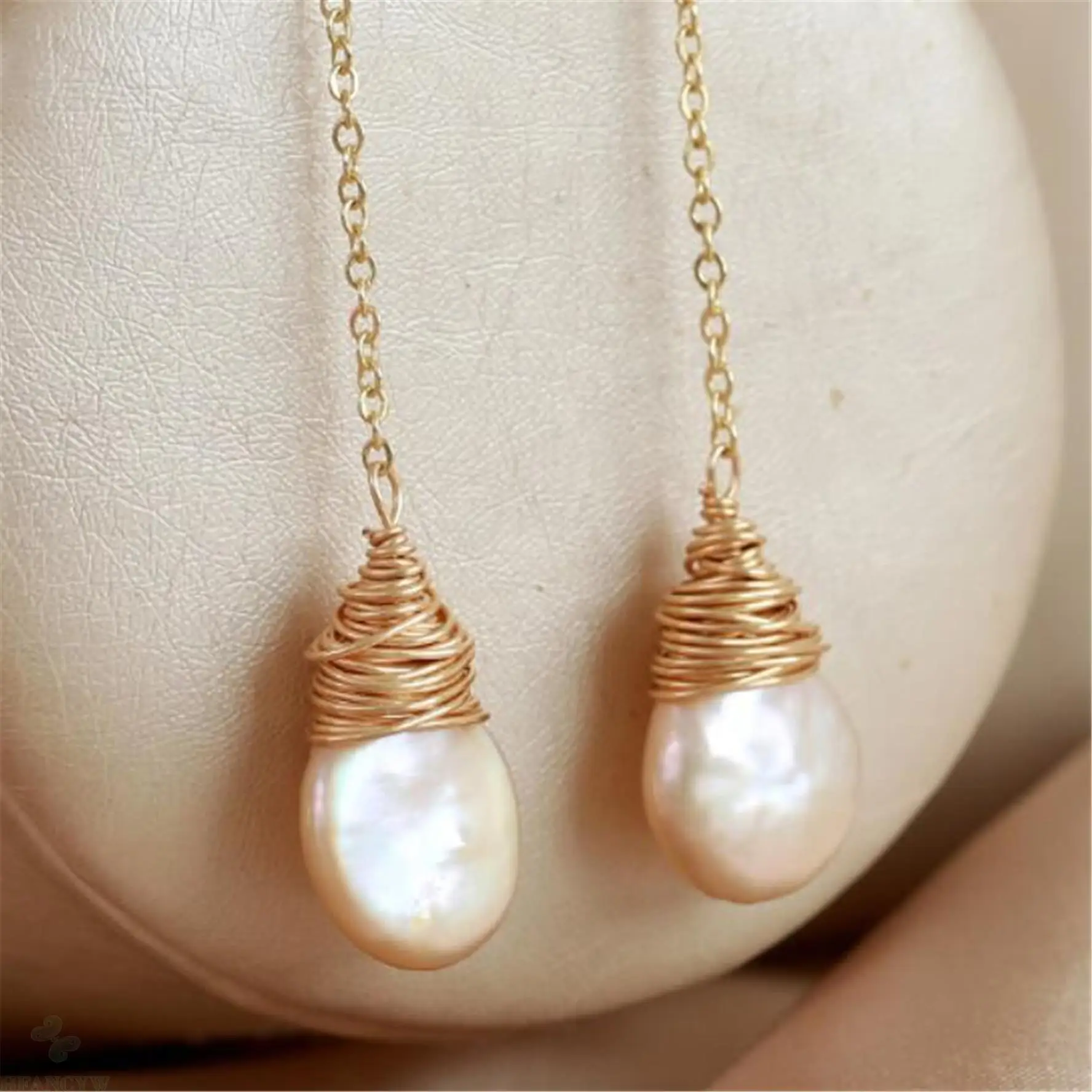 

14-16mm White Baroque Pearl Earrings Gold Ear Drop Dangle Natural Earbob Aurora AAA Irregular Flawless Wedding Classic