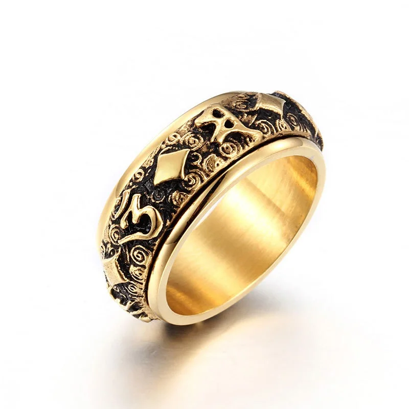 Gold color Mantra rotatable ring men titanium steel tide retro domineering personality single index finger ring with jewelry