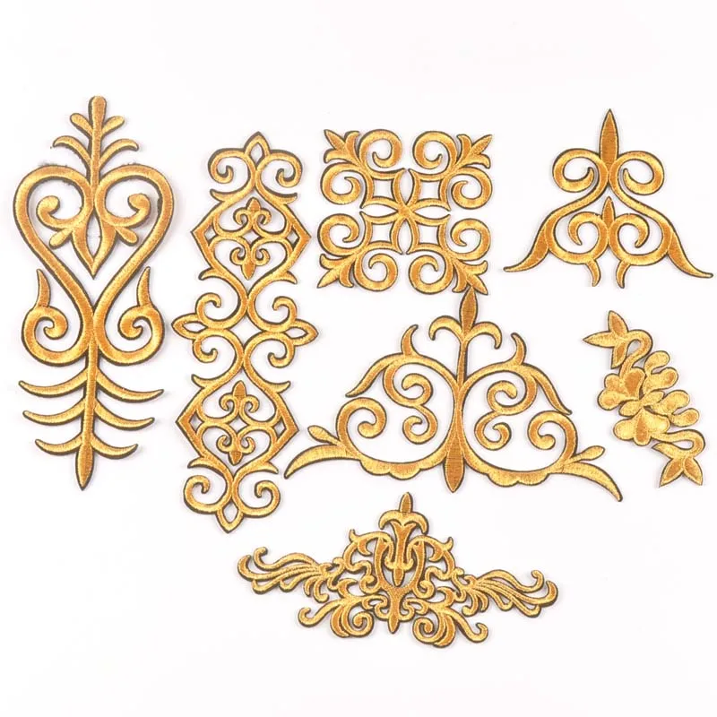 2PCs silver/golden Lace flower Patch Iron On Embroidery Hotfix Applique Motifs Sew On Sewing Clothes Garment Stickers CP2426