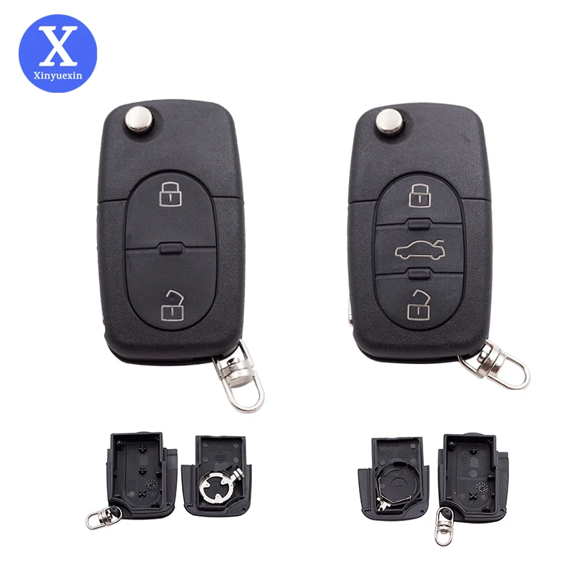 

XinYueXin Flip Folding Car Key Shell Fob CR1616 CR2032 Battery Holder for Audi A2 A3 A4 A6 A8 Uncut Blade Blank Remote Key Case