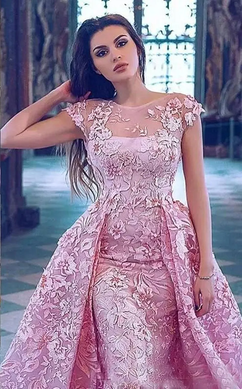 Luxury Rose Pink Mermaid Evening Dresses O-neck Short Sleeves Detachable Sweep Train 2024 Elegant Prom Dress with Applique Laces