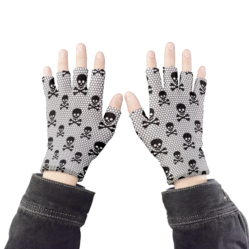 Hip Hop Gloves 3D Skull Print Unisex Winter Knitted Half Finger Gloves Women\'s Windproof Riding Touch Screen Fingerless Gloves