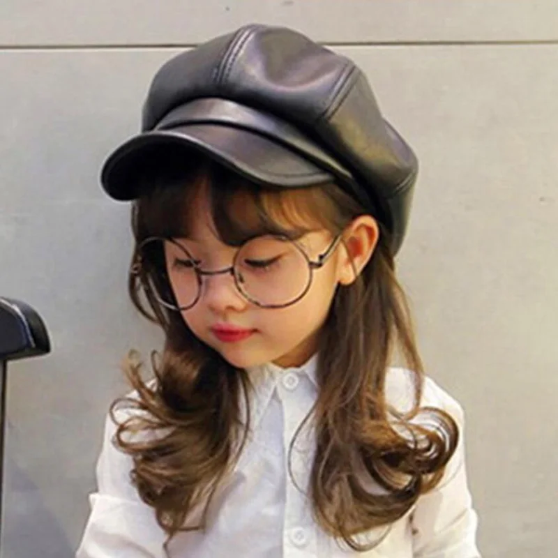 PU leather Simple children beret For Elegant lady Winter Female Hats Vintage Octagonal Casual boina Autumn girl Cap 4-11year