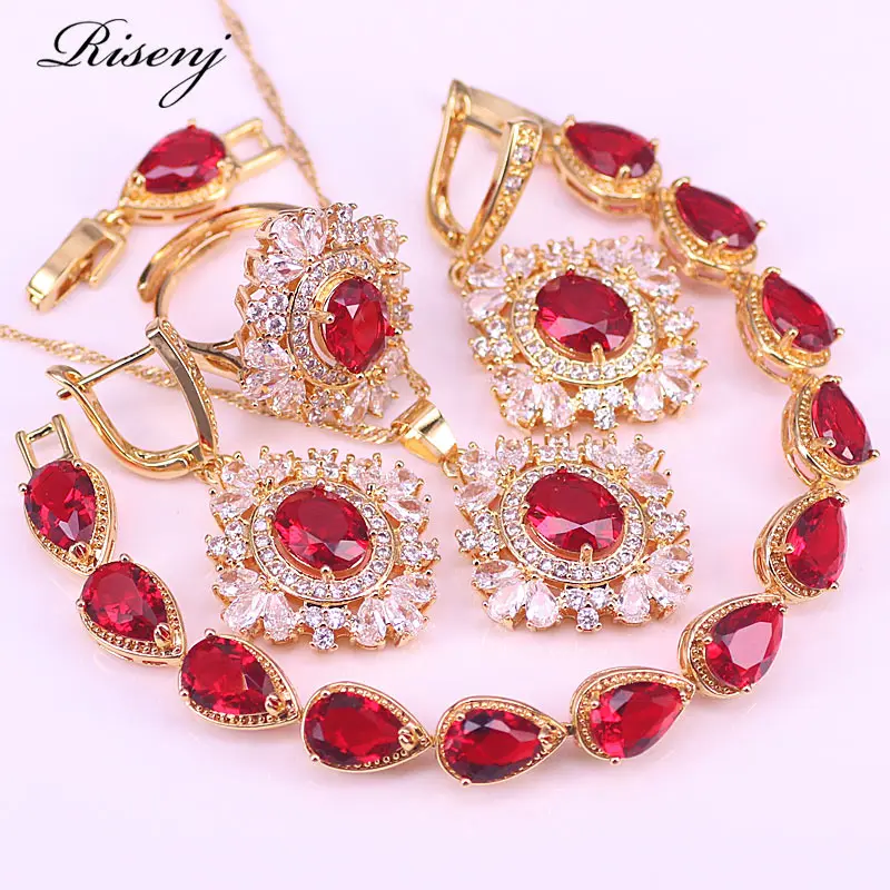 

Lucky Color Luxury Red Zircon Rose Gold Bridal Jewelry Adjustable Ring Earrings Necklace Bracelet Drop Shipping Bridal Jewelry