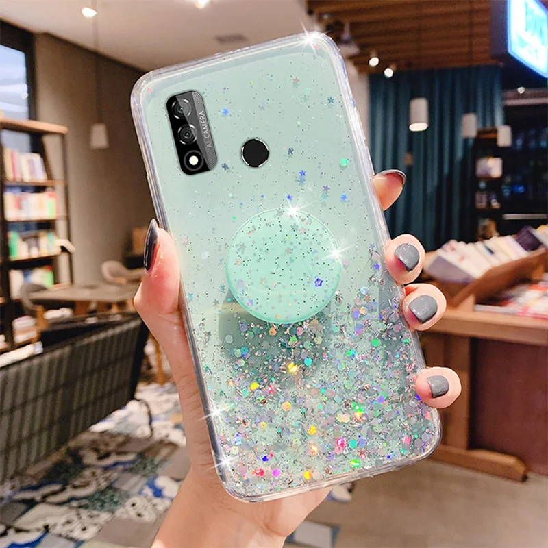 Silver Foil Phone holder case For Huawei P Smart 2020 Z 2019 2018 Coque Huawei Enjoy 7S Glitter Soft Silicone Stand Cover