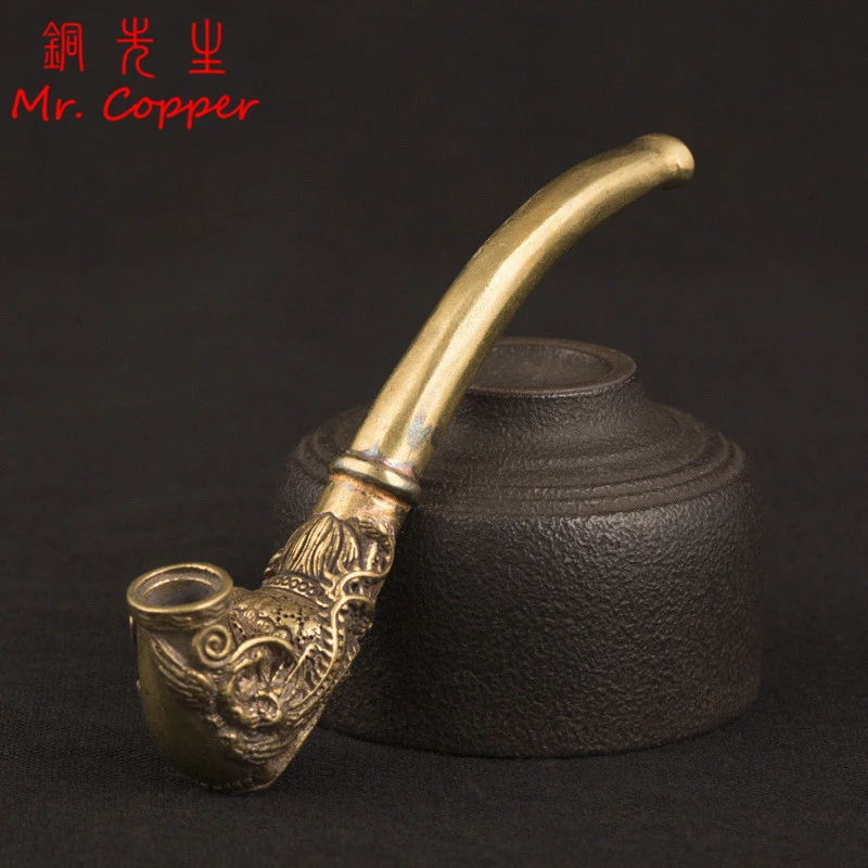 Vintage Brass Dragon Pattern Bent Smoking Tobacco Pipe Accessories Chinese Traditional Pure Copper Cigarette Holder Collections